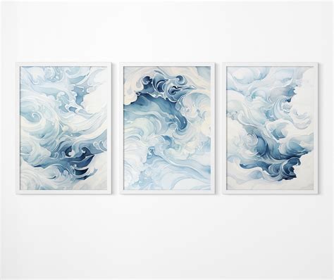 Set Of 3 Blue Abstract Gallery Wall Art Wave Prints Bathroom Wall Decor