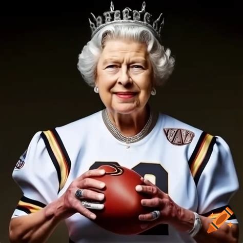 Queen Elizabeth Ii In Football Jersey Holding A Football On Craiyon