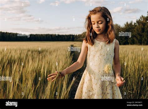 Girl Walking Through The Wheat Field Stock Photo Alamy