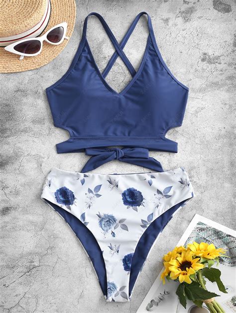 [52 Off] 2022 Zaful Reversible Criss Cross Floral Tankini Swimwear In