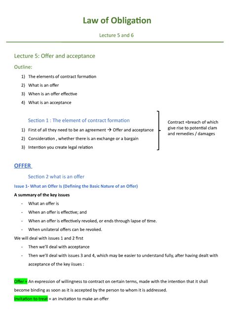 Offer And Acceptance Lecture Notes Law Of Obligation Lecture 5 And 6