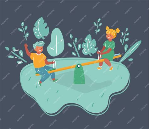 Premium Vector | Cartoon kids playing seesaw on dark