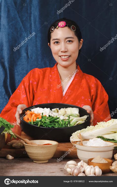 Beautiful Korean Woman Wearing Beautiful Hanbok Making Kimchi Concept