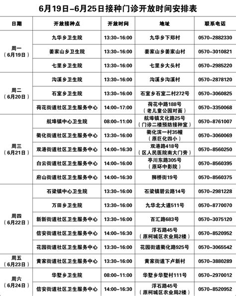 最新！柯城区6月19日 6月25日新冠疫苗接种点开放时间安排