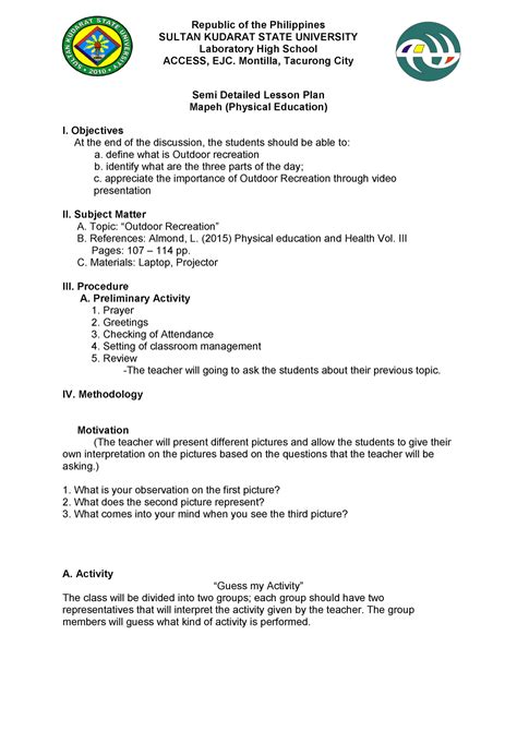 Semi Detailed Lesson Plan In Outdoor Recreation Compress This Is Only A