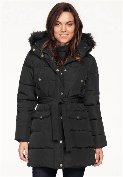 Belted Puffer Coat With Faux Fur Trim Black Woman Within