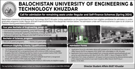 Balochistan University Of Engineering And Technology Khuzdar Announced