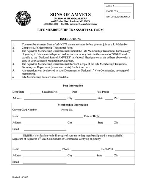 Fillable Online Sonsofamvets Life Membership Transmittal Form Life