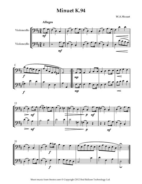 Mozart Wolfgang Amadeus Minuet K 94 For Cello Duet Free Sheet