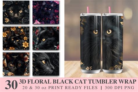 D Floral Black Cat Tumbler Wrap Bundle