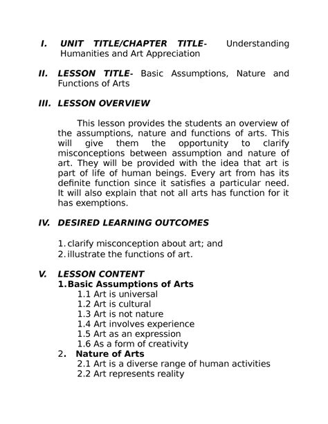 Arts Appreciation Basic Assumptions Nature And Functions Of Arts I