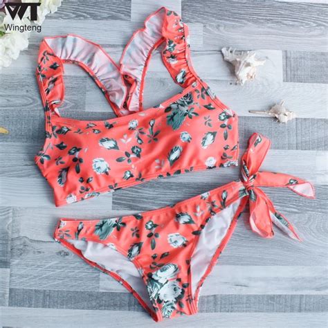 Wingteng Bikini Set 2017 Summer Lotus Leaf Swimwear Women Sexy Beach Swimsuit Bathing Suit Push