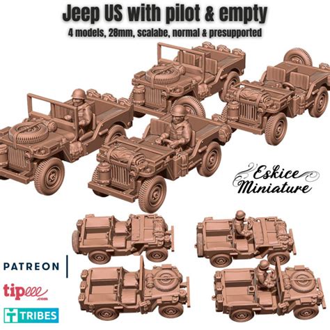 3D Printable Jeep US WW2 With Pilot Empty 28mm By Eskice Miniature