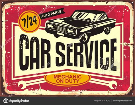 Car Service Vintage Tin Sign Antique Plaque Retro Car Red Stock Vector