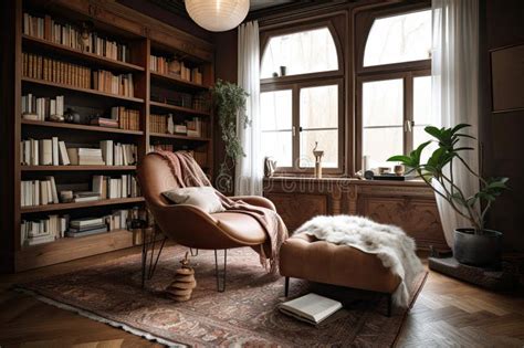 Cozy Reading Nook With Bookshelves And Armchair In Bohemian Home