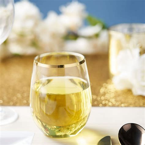 Efavormart 12 Pack 14oz Clear Disposable Wine Glasses Plastic Stemless Wine Tumbler With Gold