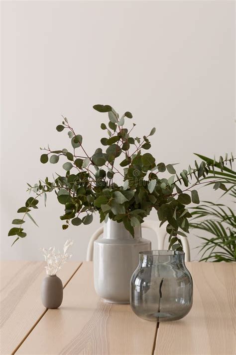 Florero De Hojas De Eucalipto Sobre Mesa De Madera Imagen De Archivo