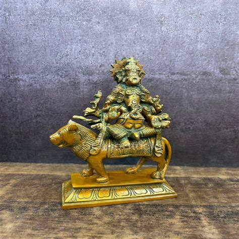 Brass Heramba Ganesha Statue Seated On Lion Copper Patina Finish 9