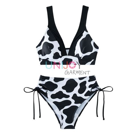 Custom Cow Print Deep V Swimwear Drawstring Side Bikini Unijoy