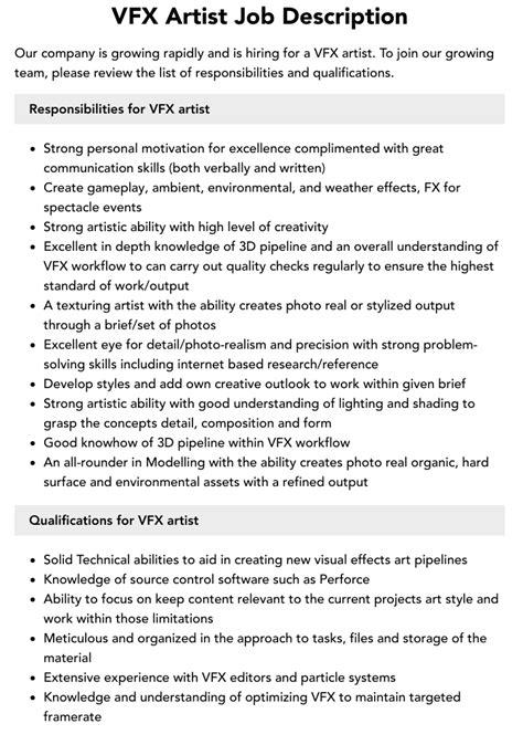 Vfx Artist Job Description Velvet Jobs