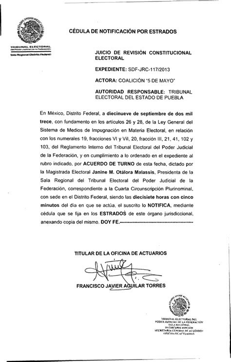 cédula de notificación por estrados juicio de revisión constitucional