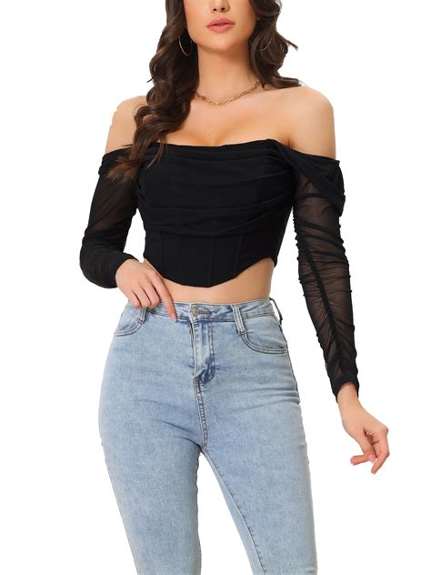 Allegra K Mesh Sheer Long Sleeve Corset Crop Top For Women Ruched Off