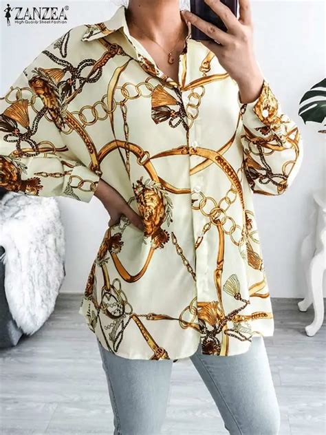 Women Autumn Loose Tops Oversized Fashion Printed Blouse Zanzea Female Long Sleeve Ol Shirts