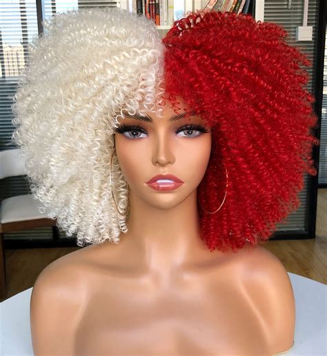 Curlcoo Short Curly Afro Wig For Black Women 14 Inch White And Red