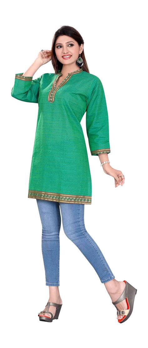 Sea Green 34 Sleeve Indian Cotton Kurtitunic With Golden Neckline Medium