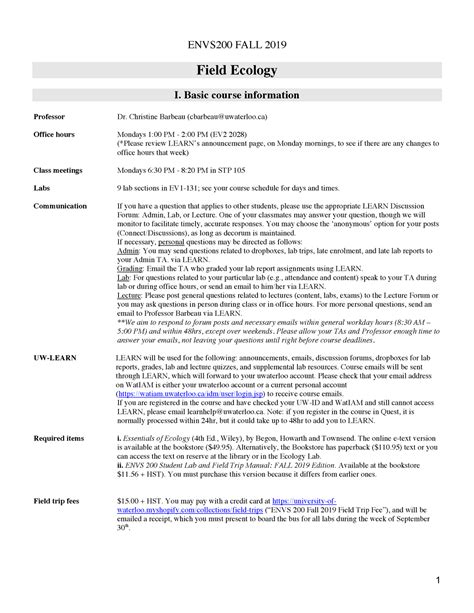 Envs Syllabus F Final Envs Fall Field Ecology I