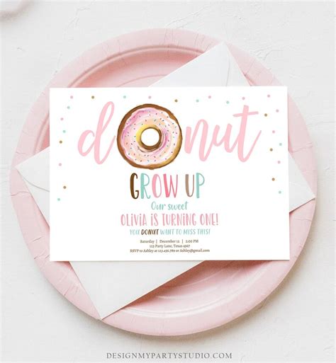 Editable Donut Grow Up Birthday Invitation First Birthday Etsy