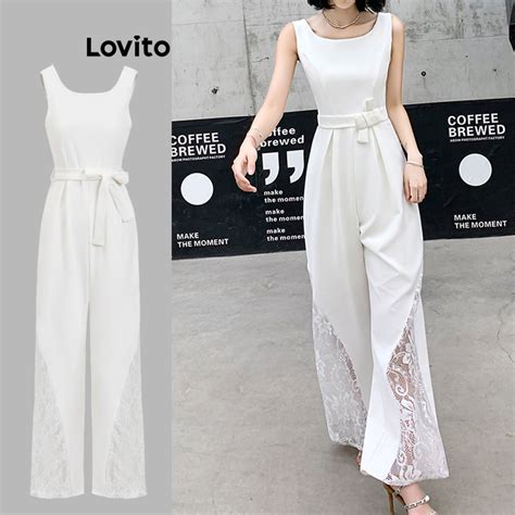 Lovito Women Casual Plain Belted Lace Jumpsuit L83ED226 Shopee