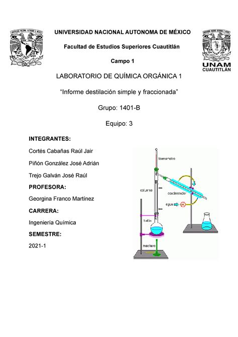 Destilación simple fraccionada Equipo 3 UNIVERSIDAD NACIONAL AUTONOMA