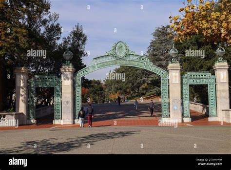 Sather Gate of UC Berkeley. Students and visitors at UC Berkeley Sather ...