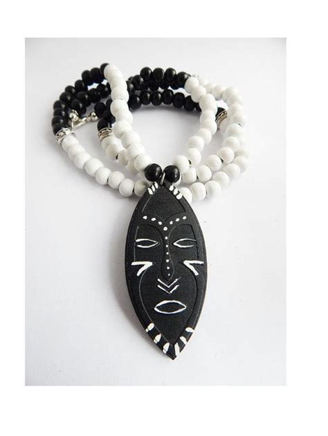 African Mask Tribal Necklace Black White Jewelry Wooden Pendant Tribal