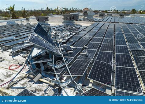 Aerial View Of Damaged By Hurricane Wind Photovoltaic Solar Panels