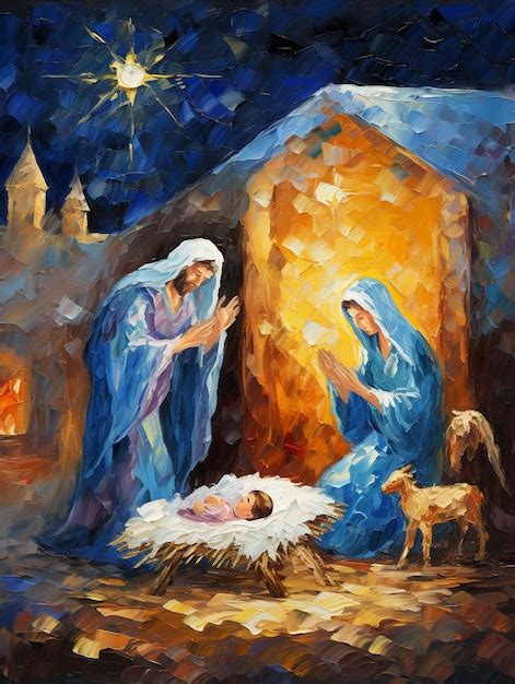 Pintura de uma cena de natividade um bebê Jesus em uma manjedoura