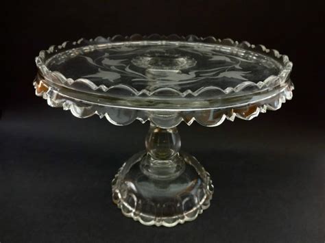 Vintage Floral Etched Crystal Cake Stand With Scalloped Detail