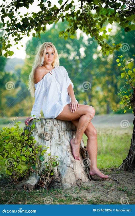 Sexy Young Woman Sitting On Stump In The Forest Stock Images Image