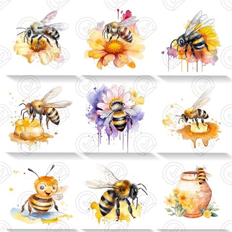 Watercolor Honey Bee Clipart Bundle Bee Png Gift For Nursery Etsy