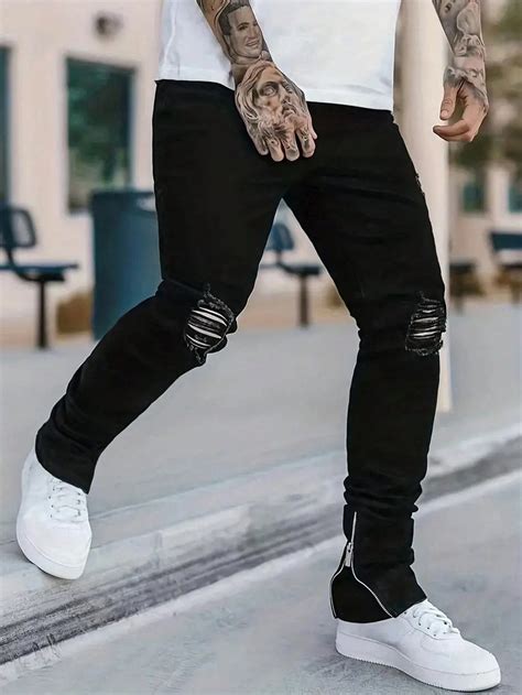 Manfinity LEGND Men S Solid Color Zipper Fly Jeans With Distressed Legs