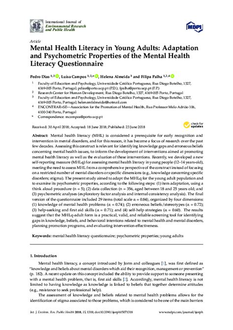 Pdf Mental Health Literacy In Young Adults Adaptation And Psychometric Properties Of The