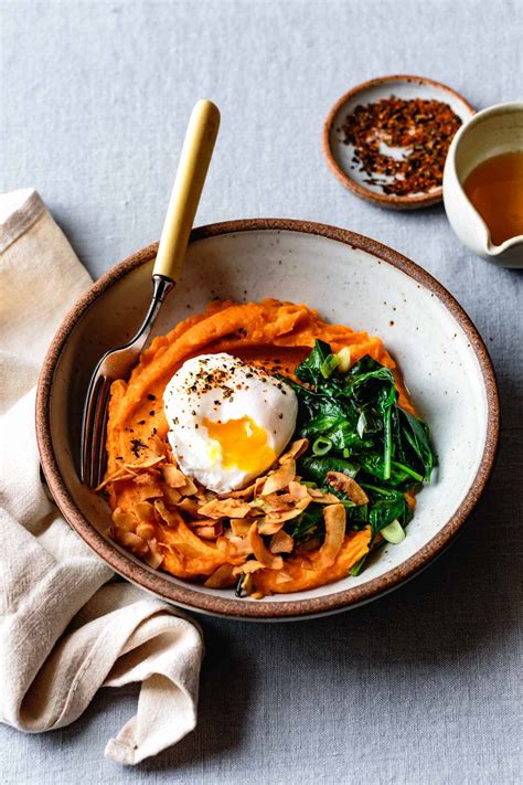 Whipped Sweet Potato Breakfast Bowls With Spinach Eggs And Coconut Bacon Recipe Cart