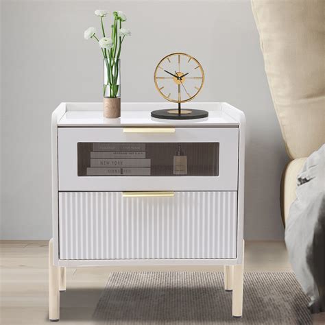 2 Tiers End Table Bedroom Nightstand Modern White ＆gold Storage Side