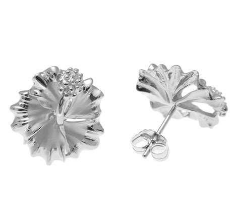 Sterling Silver 925 Hawaiian Hibiscus Flower Stud Earrings Rhodium 10m