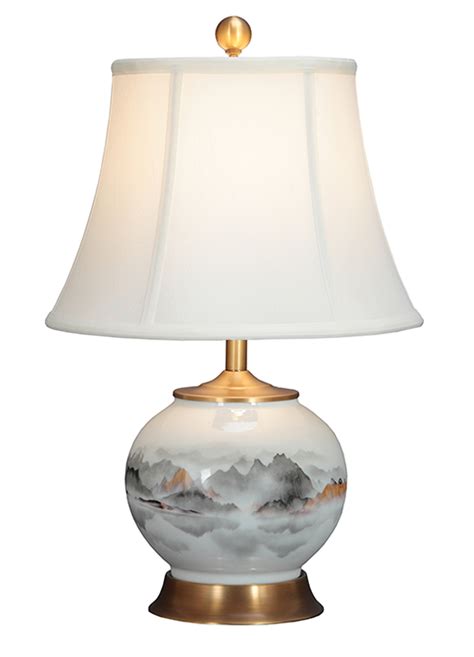 Chinese Table Lamp Porcelain With Lampshade White Mountains Hand Paint