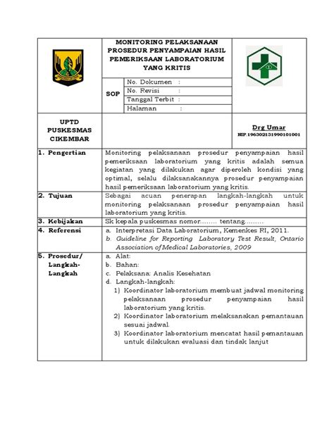 Sop Monitoring Hasil Pemeriksaan Laboratorium Yang Kritis Pdf