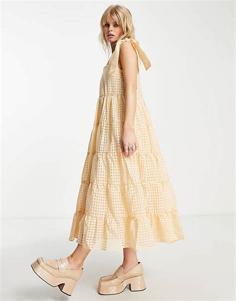 Sister Jane Tiered Midi Dress With Tie Straps In Yellow Gingham Asos