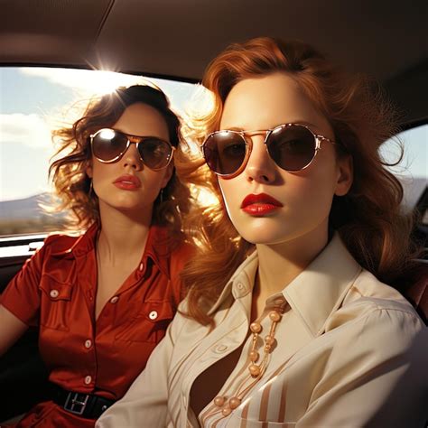 Two Women Wearing Sunglasses Are Sitting In A Car Premium Ai