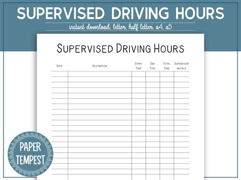 Printable Supervised Driving Hours Log Student Driver Driving Tracker